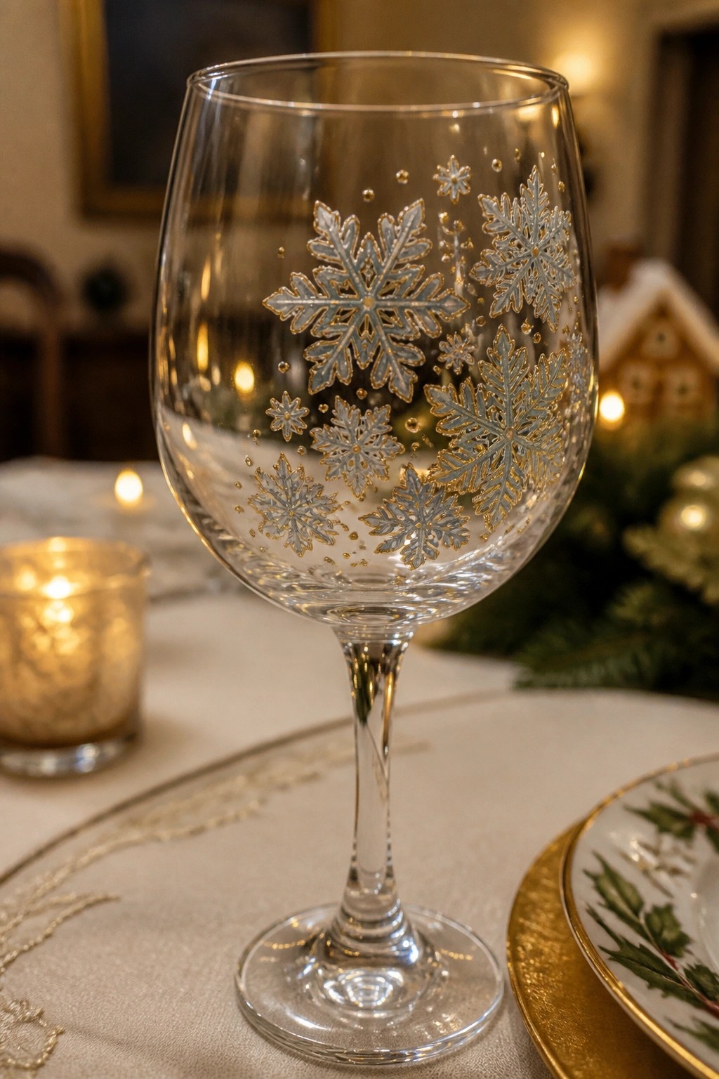 Elegant wine glass etched with silver and gold snowflakes on festive holiday table.