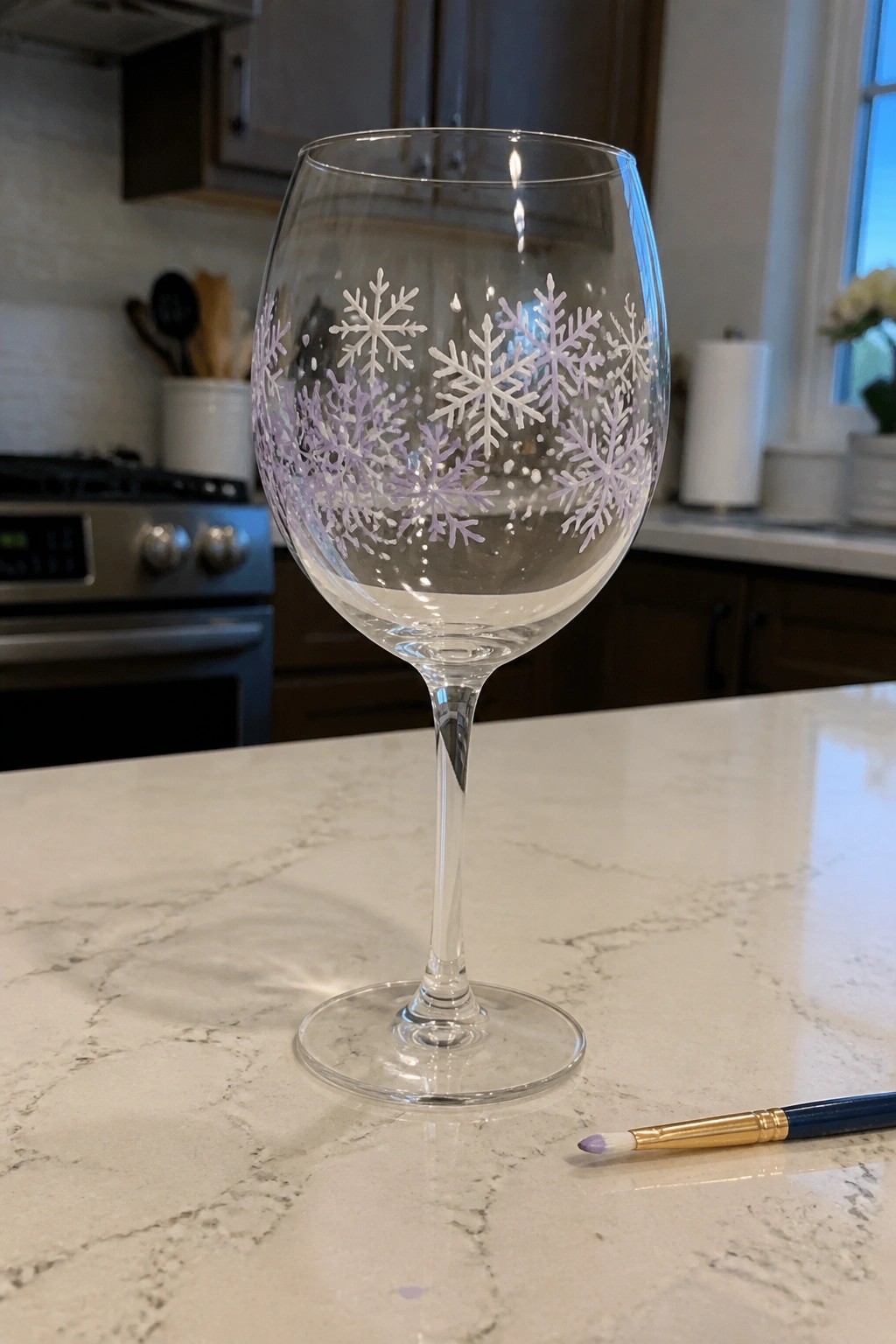 Wine glass with white and purple snowflakes on marble counter beside paintbrush