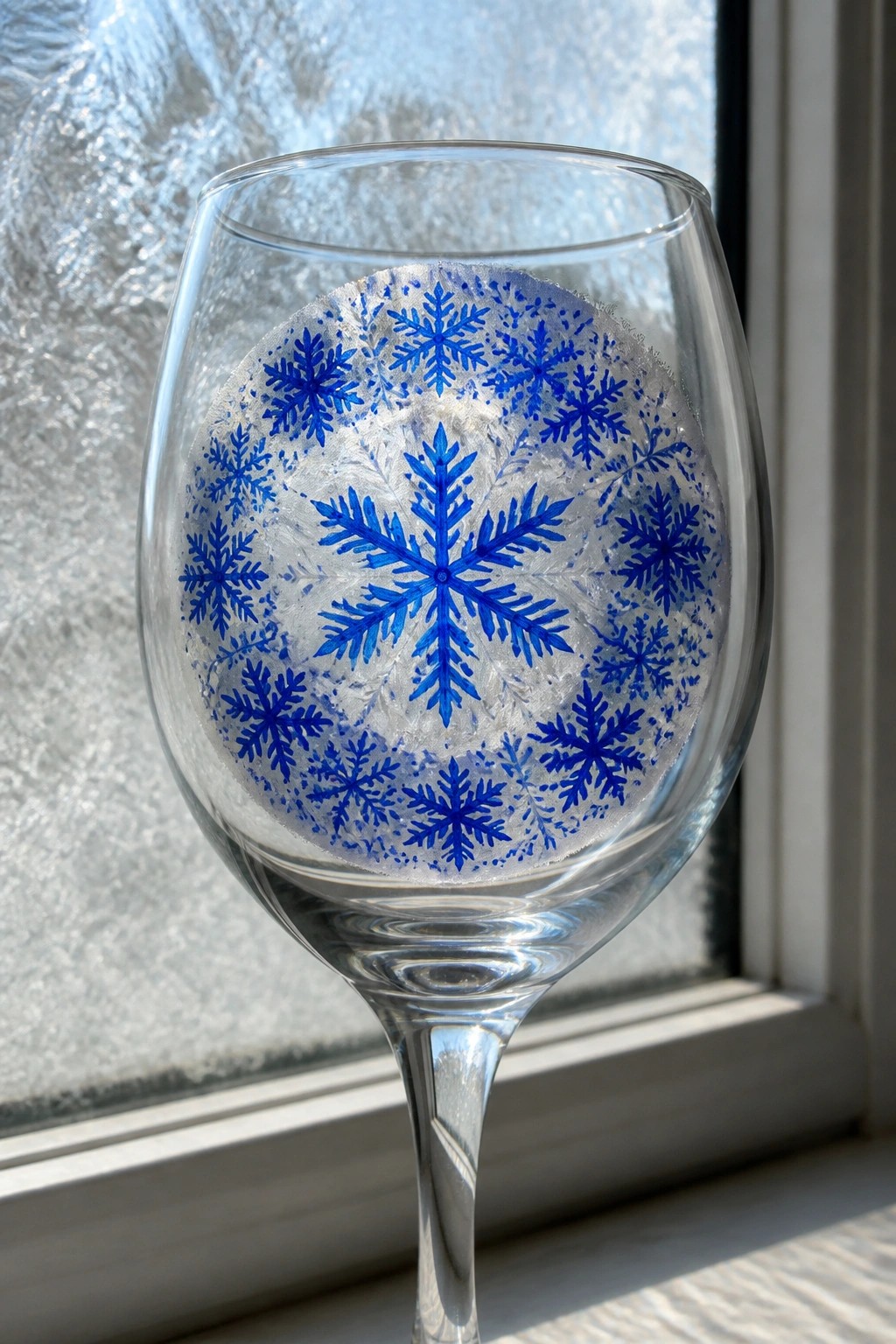Clear wine glass with blue snowflake designs by frosted window.