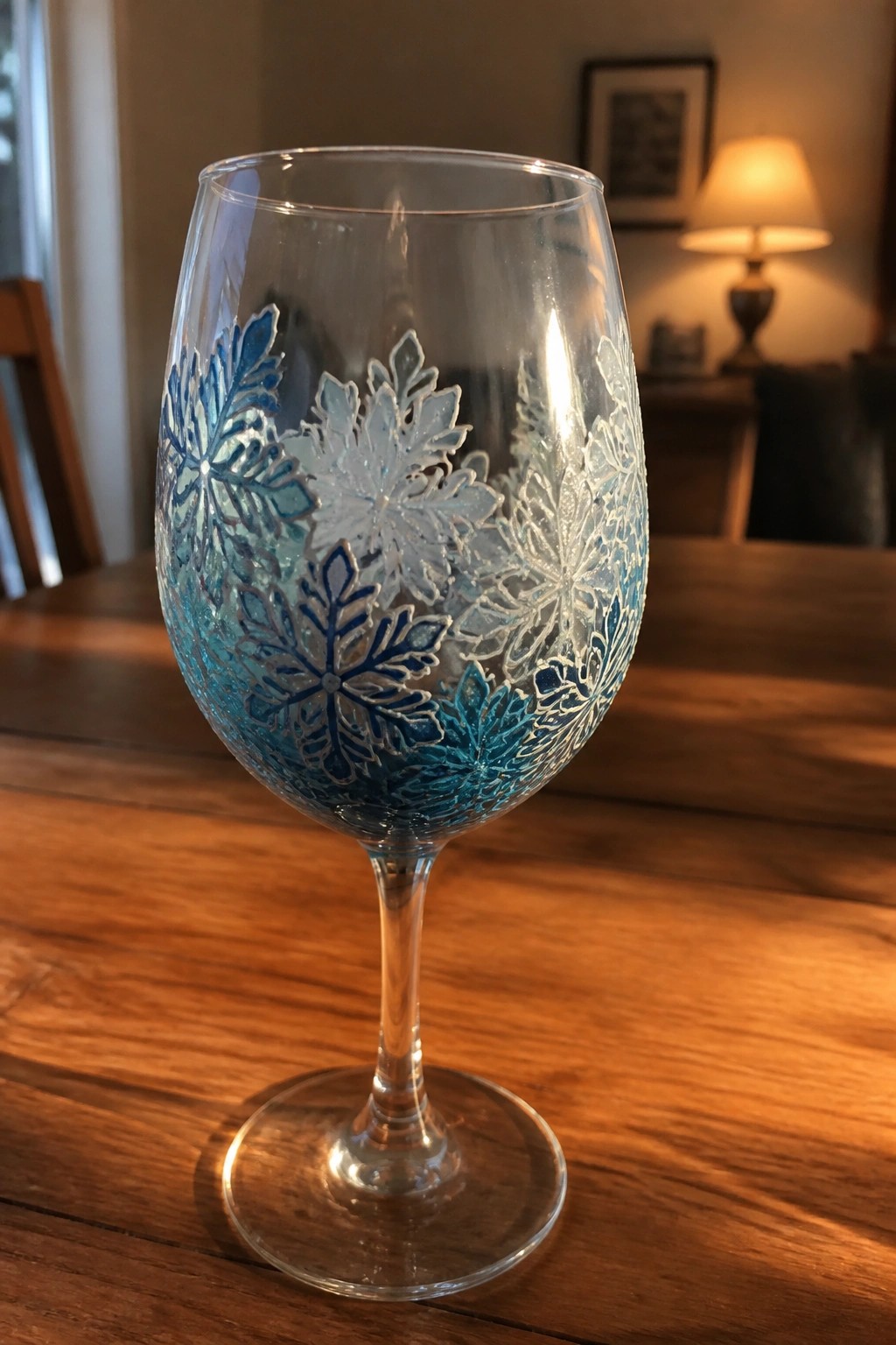 Clear wine glass with blue and silver snowflake designs on wooden table
