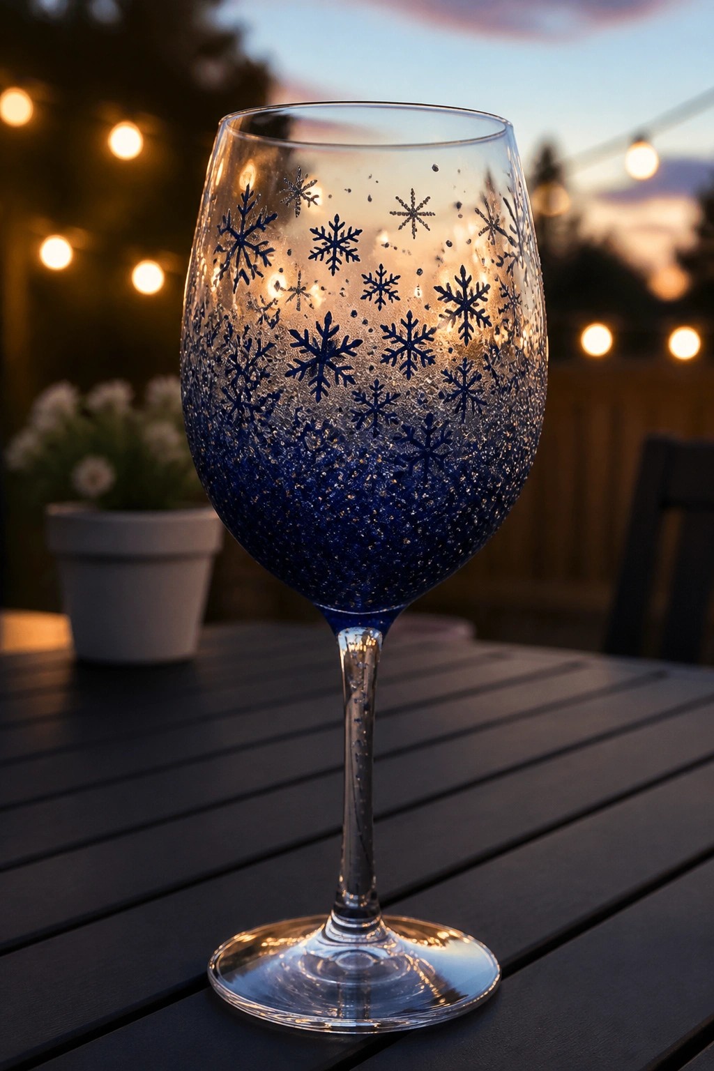 Snowflake-adorned blue glitter wine glass on wooden table with string lights
