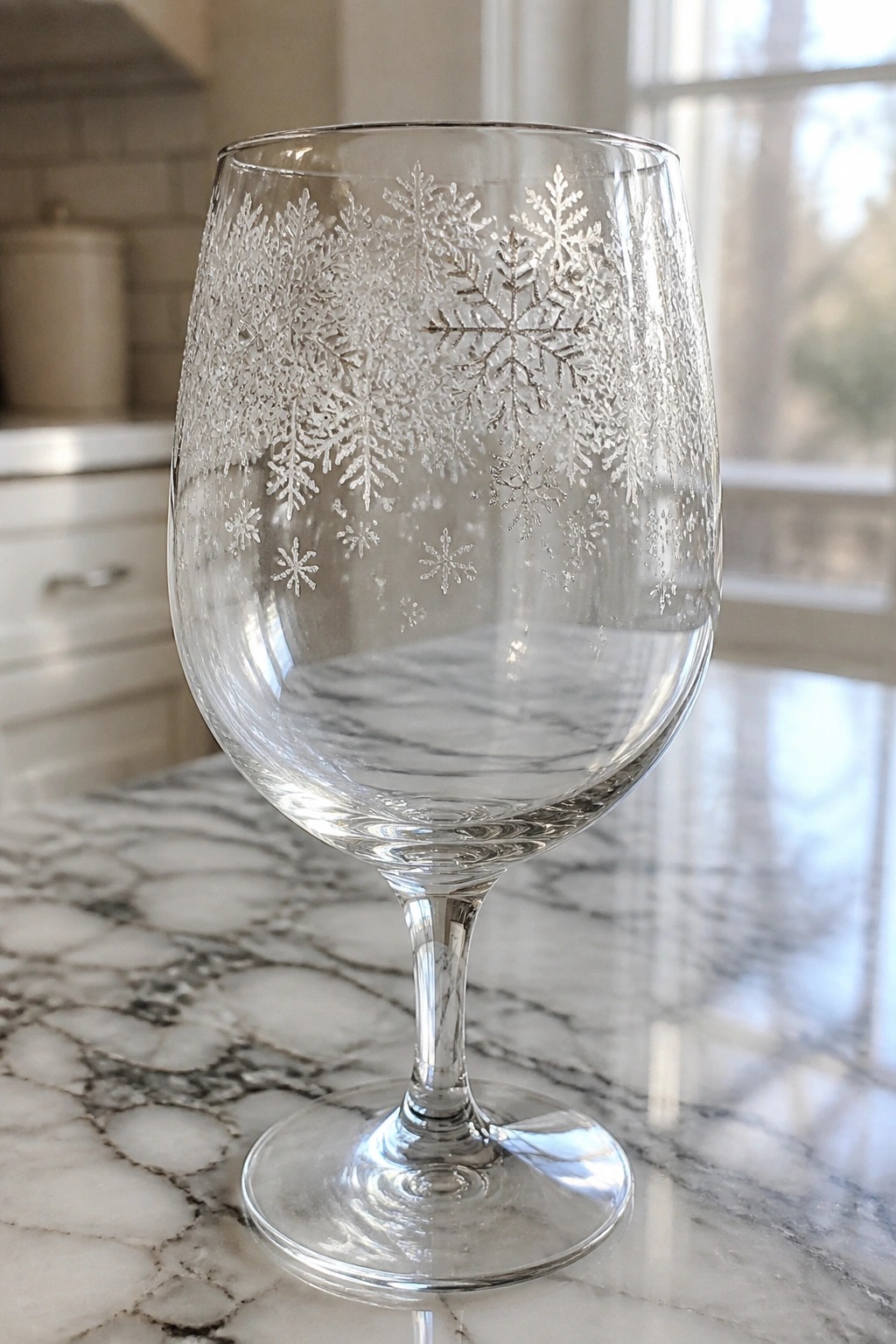 Clear wine glass etched with snowflakes on white marble kitchen countertop.