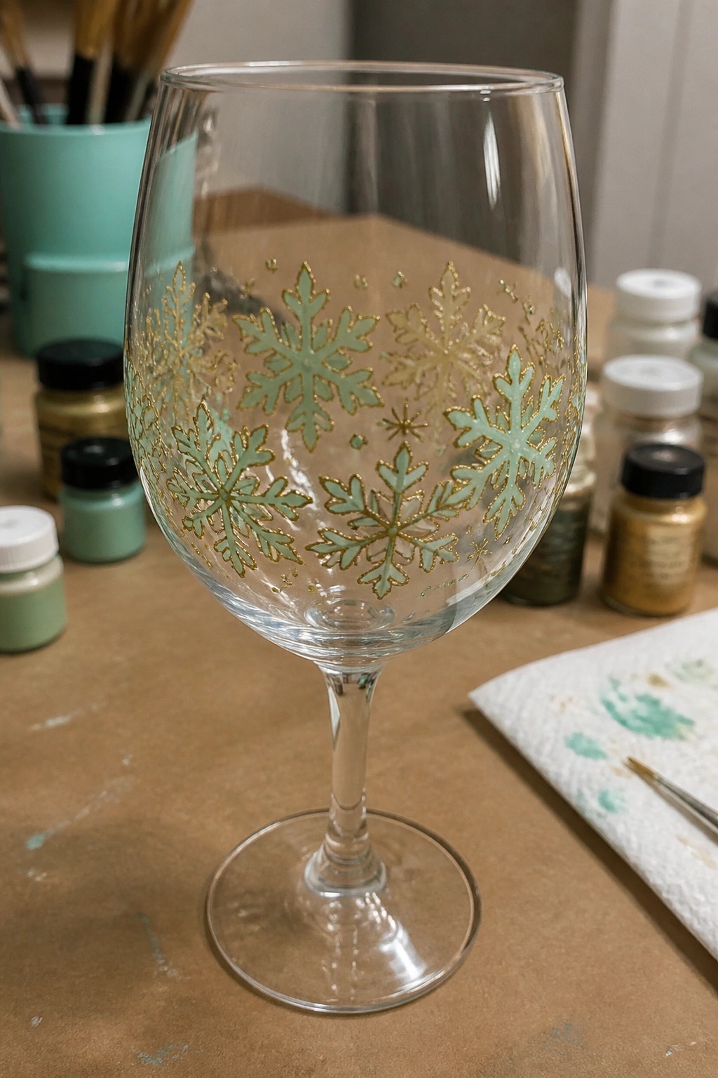Wine glass with mint green and gold snowflake designs amid paint jars and brushes