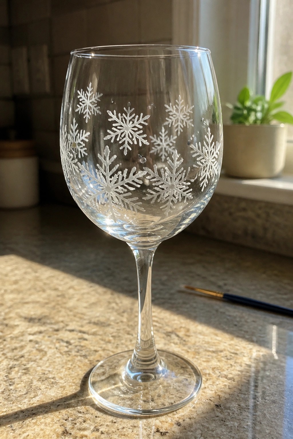 Clear wine glass etched with white snowflakes on speckled granite countertop
