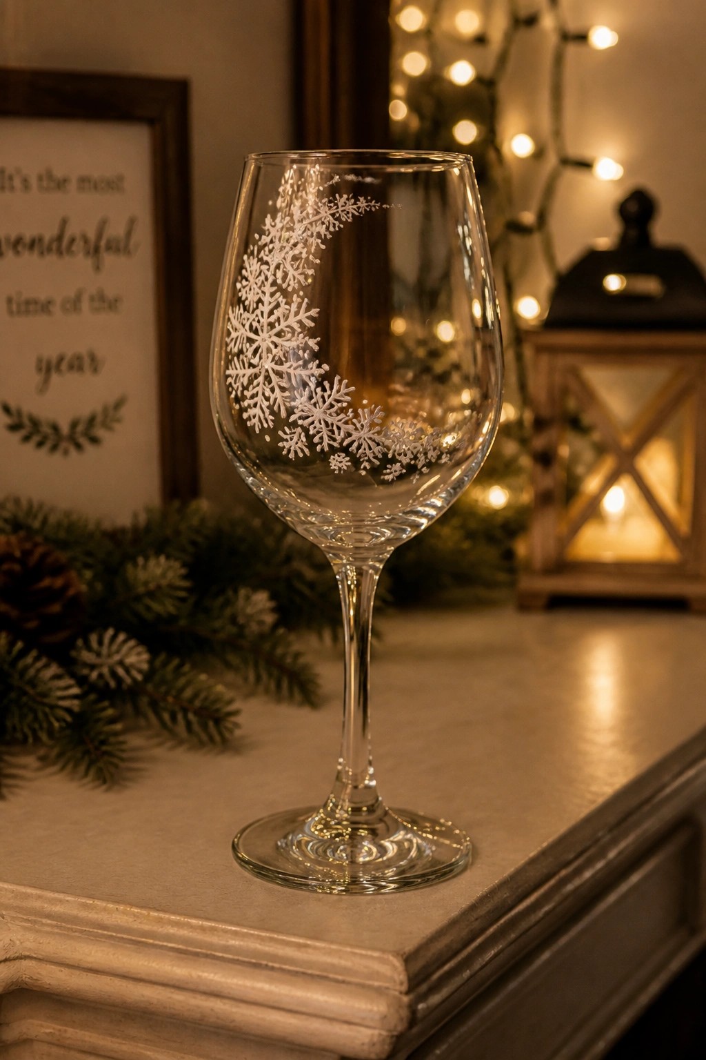 Etched wine glass with snowflakes on mantel amid Christmas lights and pine branches