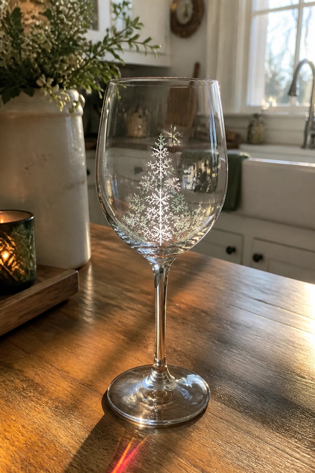 Snowflake-etched wine glass on wooden table beside lit candle and vase