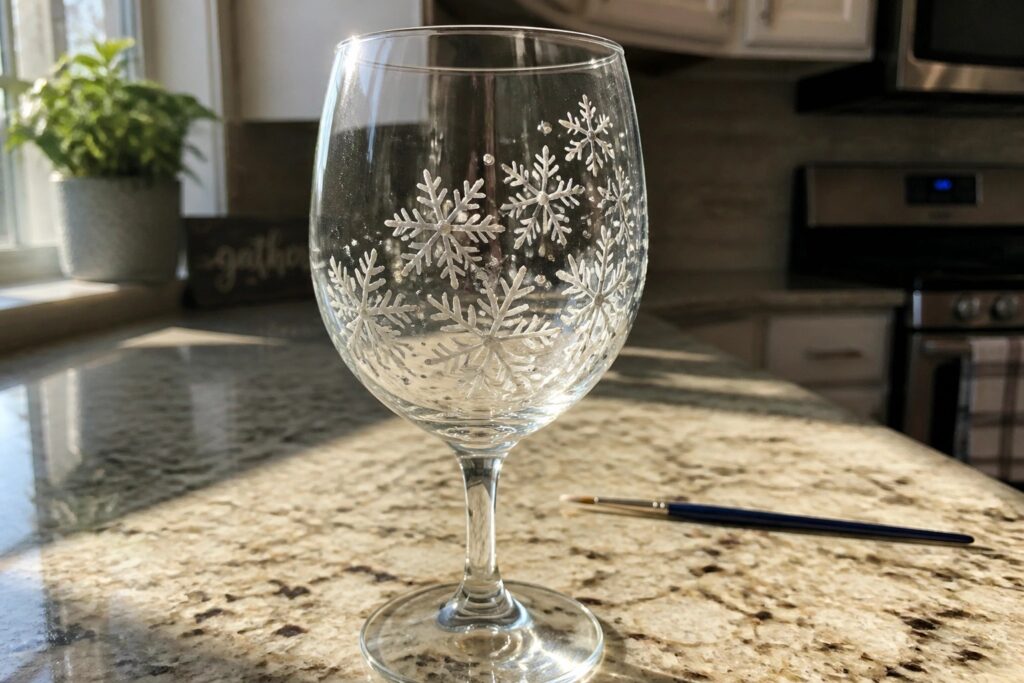 21 Charming Snowflake Wine Glass Painting Ideas Featuring Clustered Snowflake Patterns Clear wine glass etched with white snowflakes on speckled granite countertop