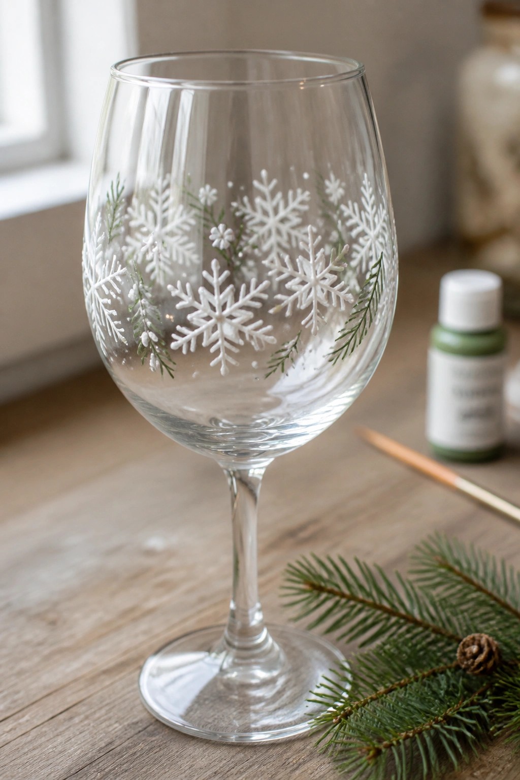 Clear wine glass with white snowflakes and green pine branches on wooden table.