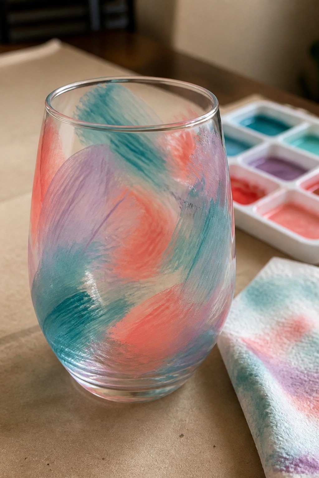 Stemless glass with pink, purple, teal watercolor strokes beside palette and stained cloth.