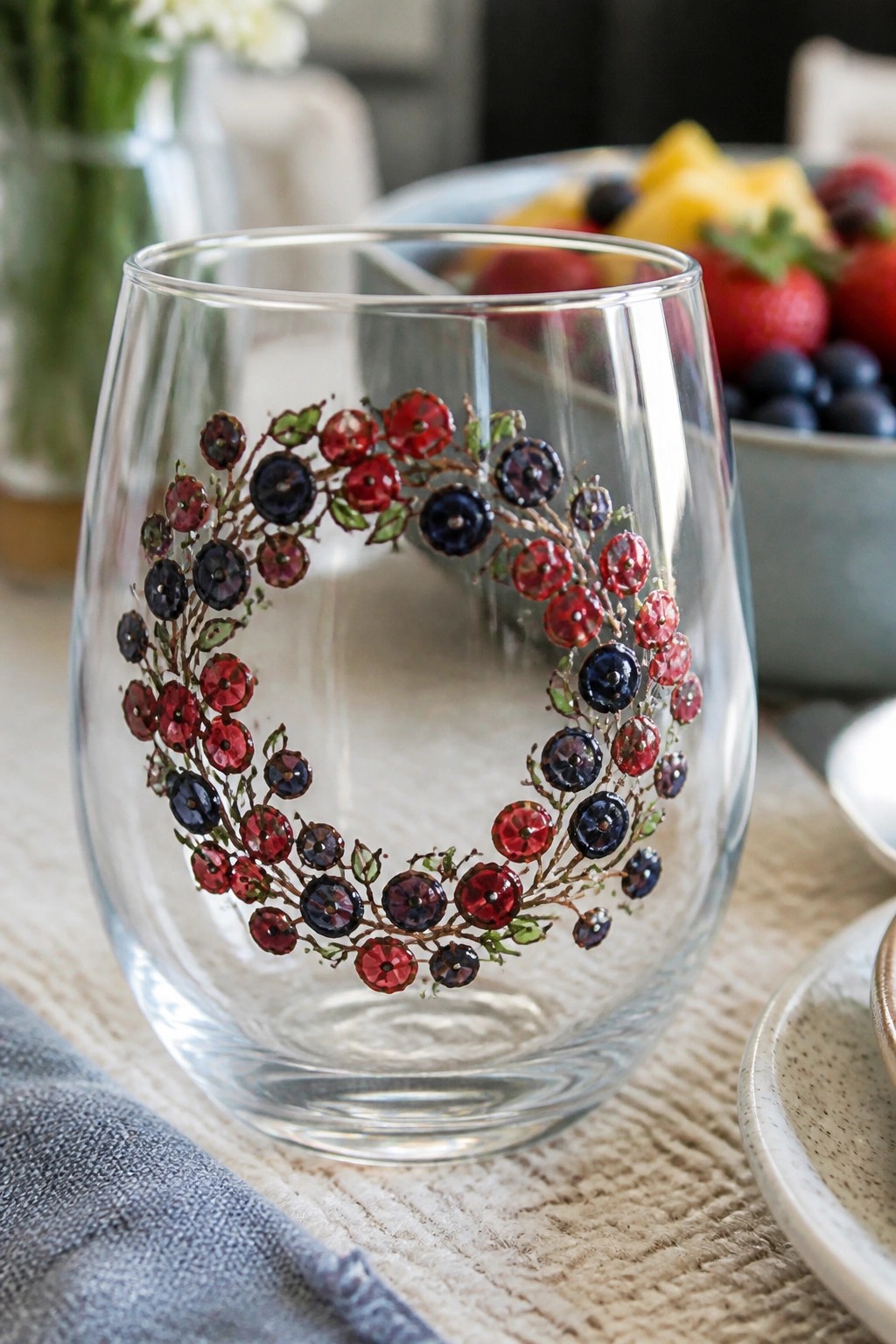 Stemless wine glass with red and blue berry wreath painted on it