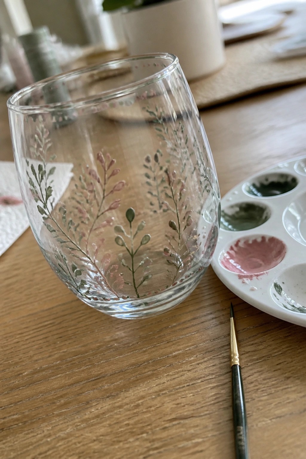 Clear stemless glass with pink and green botanical designs beside paint palette and brush on wood table.