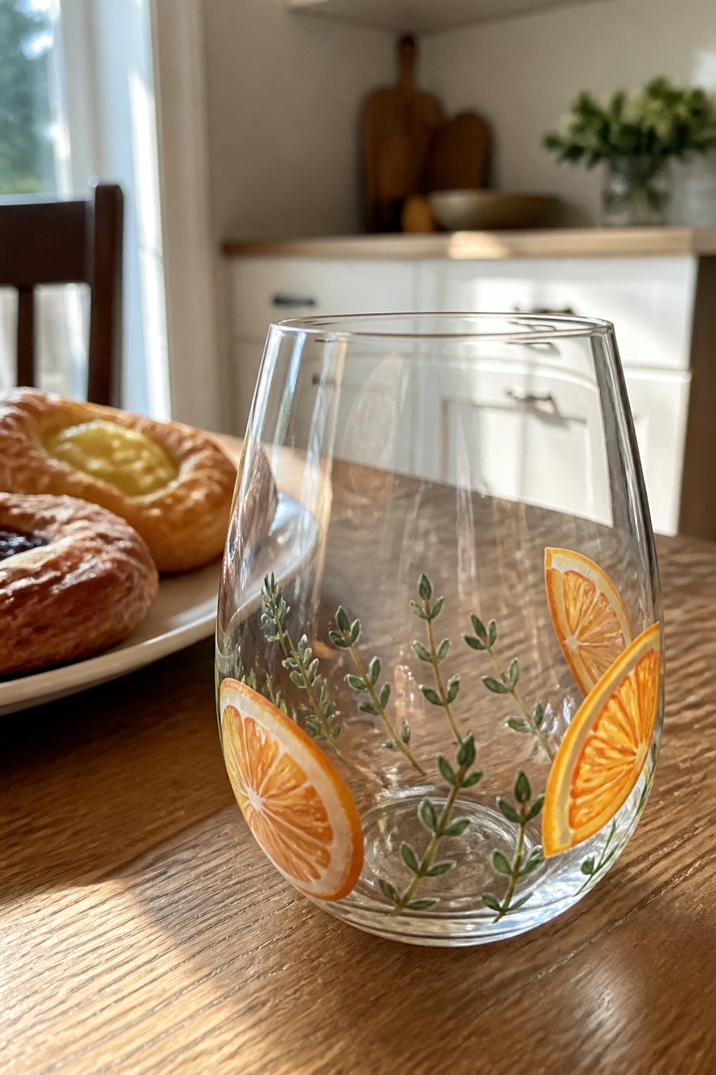 Stemless glass painted with orange slices and herbs beside pastries on table