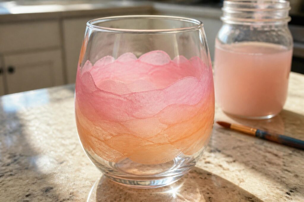 21 Charming Stemless Wine Glass Painting Ideas for Everyday Entertaining Wet pink-orange paint strokes cover a stemless glass on marble countertop.