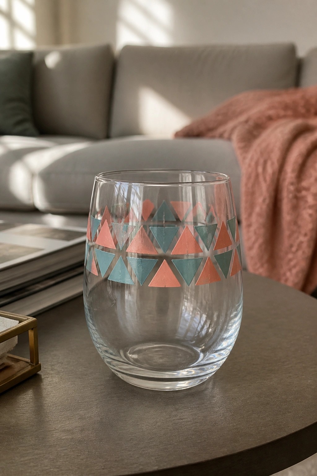 Clear stemless glass with coral teal and green triangle pattern on wooden table