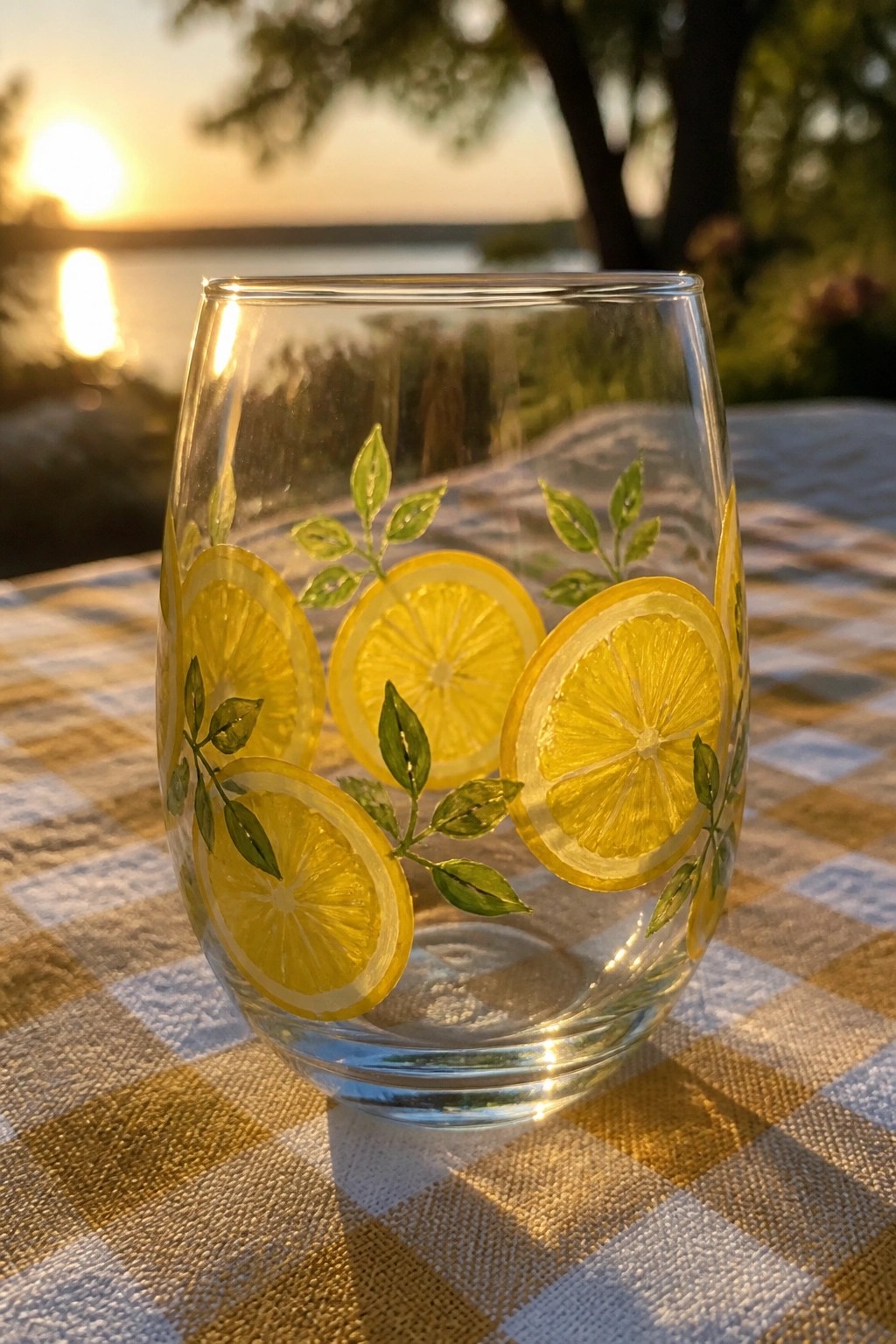 Stemless glass with painted lemon slices and leaves on yellow checkered tablecloth at sunset