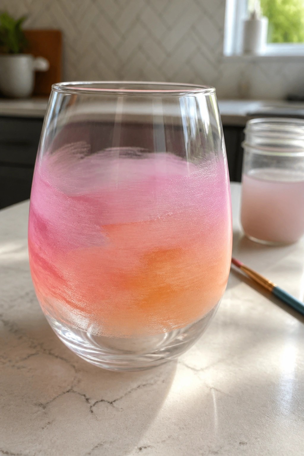 Wet pink-orange paint strokes cover a stemless glass on marble countertop.