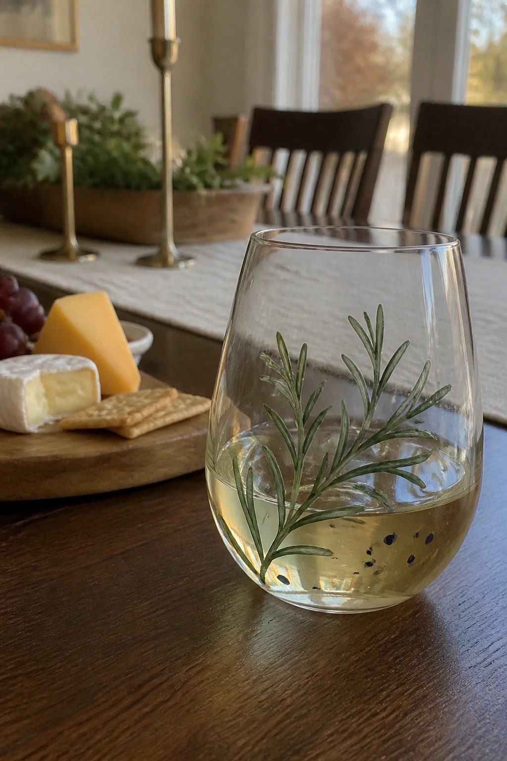 Stemless glass with rosemary sprig design holds pale wine on wooden table