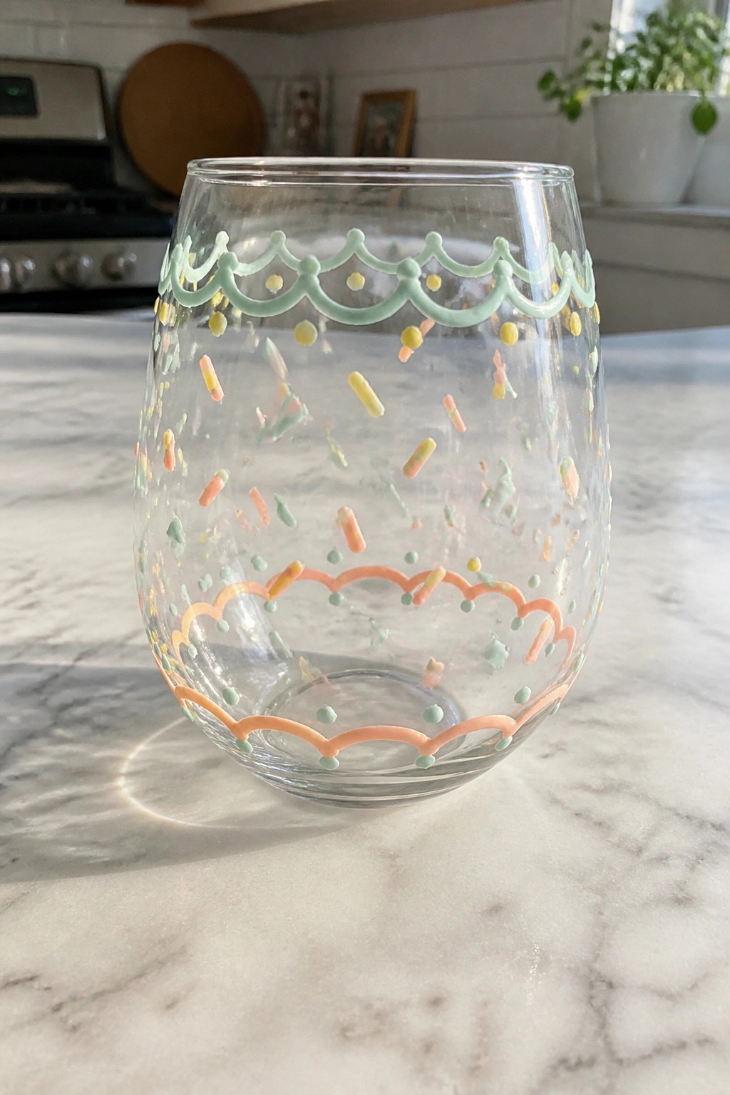A clear stemless wine glass with mint green and peach scalloped borders and scattered pastel sprinkle designs sits on a marble countertop.