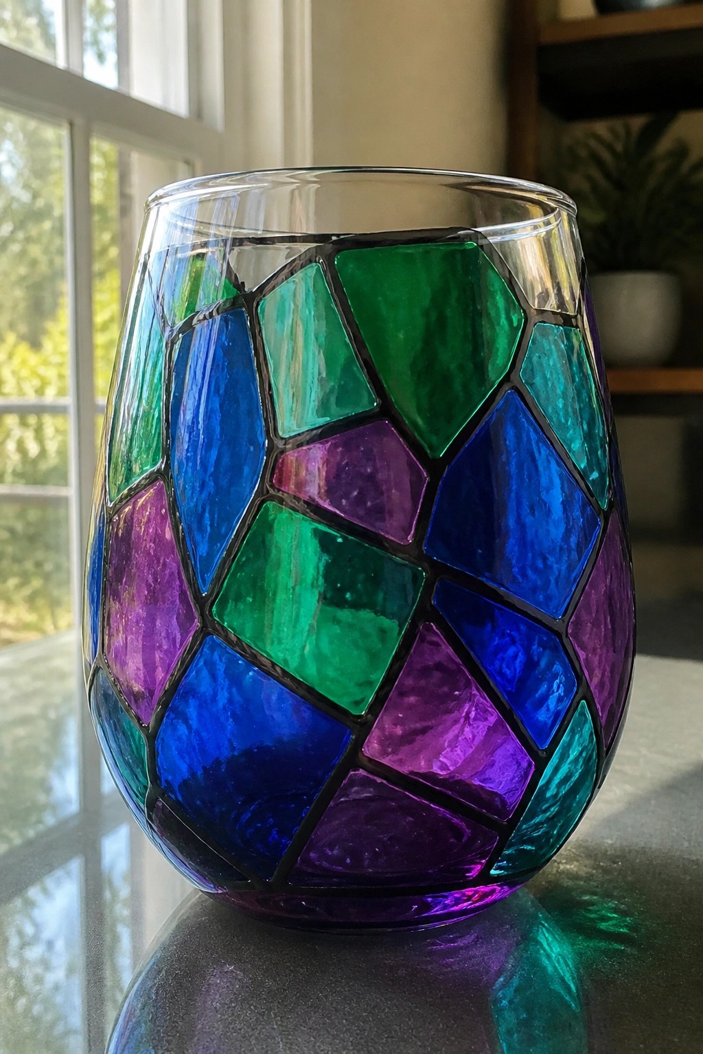 Stemless wine glass covered in vibrant green blue purple stained glass mosaic.