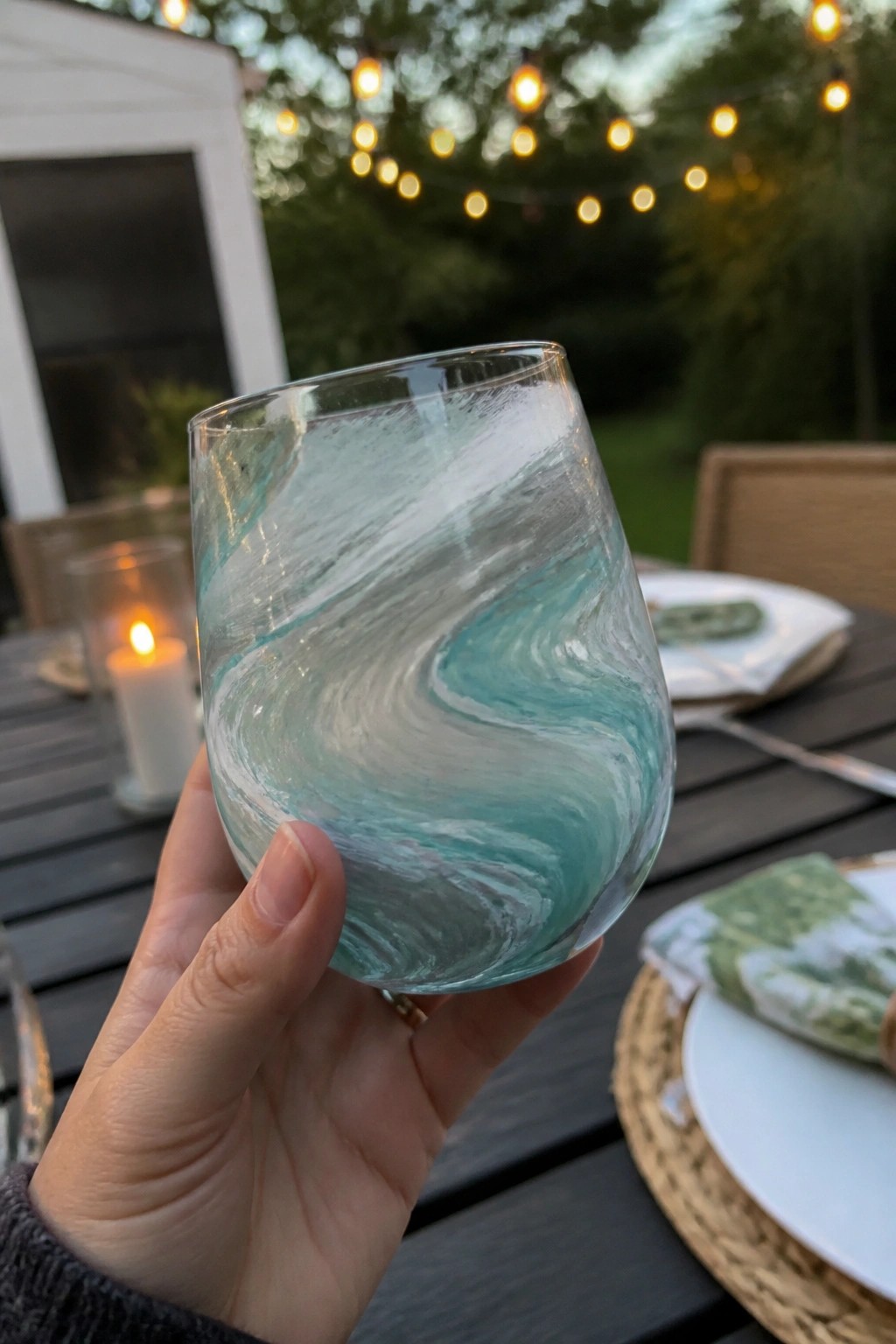 Hand holding swirled turquoise and white glass at outdoor table with string lights