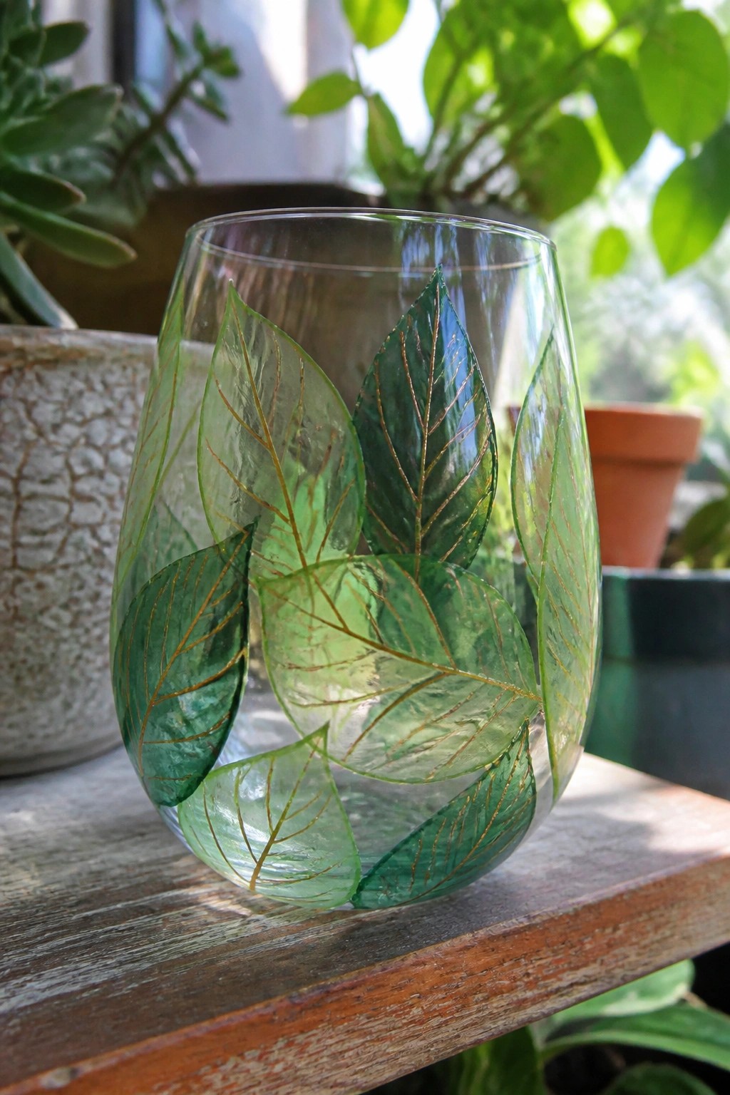 Stemless glass vase with green leaves and gold veins on wooden surface