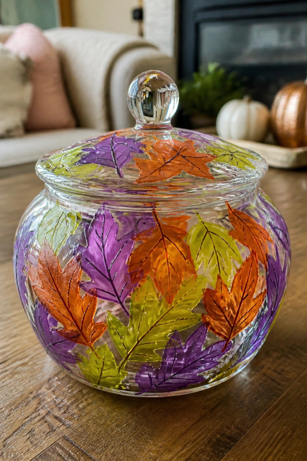 Glass jar with lid painted in vibrant orange, purple, and green fall leaves