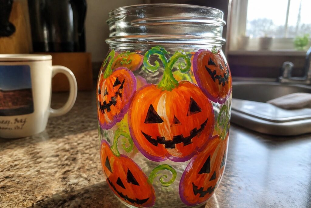 Painted glass mason jar with orange jack-o'-lanterns, green swirls, and purple accents