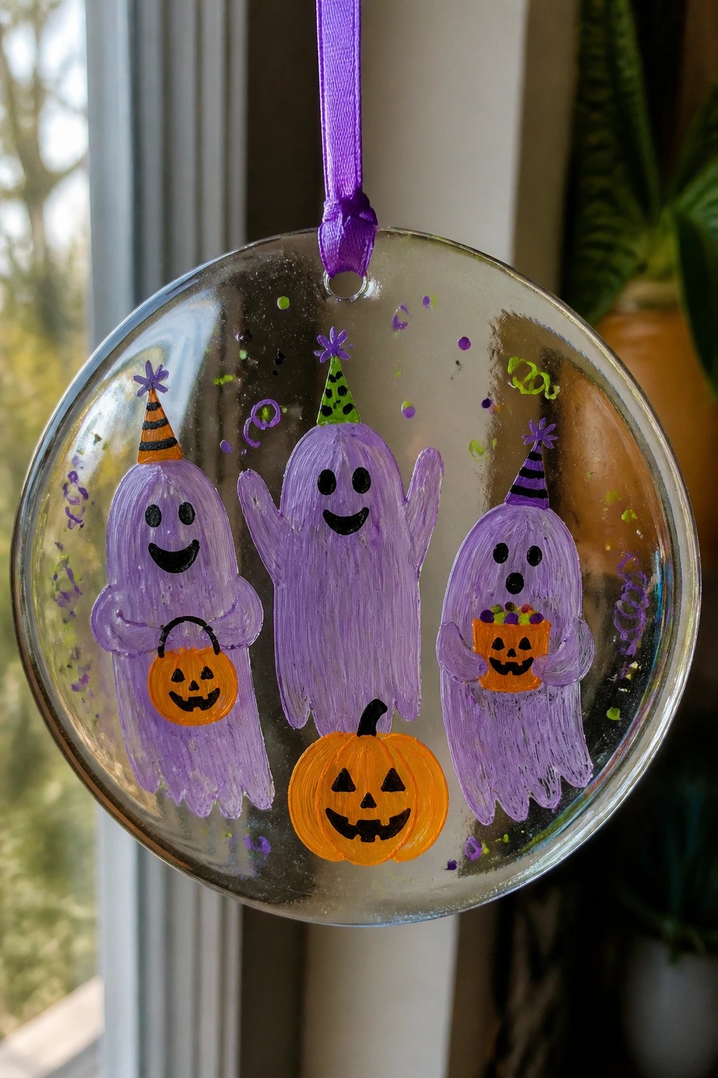 Hanging glass ornament with three purple ghosts in party hats and pumpkins.