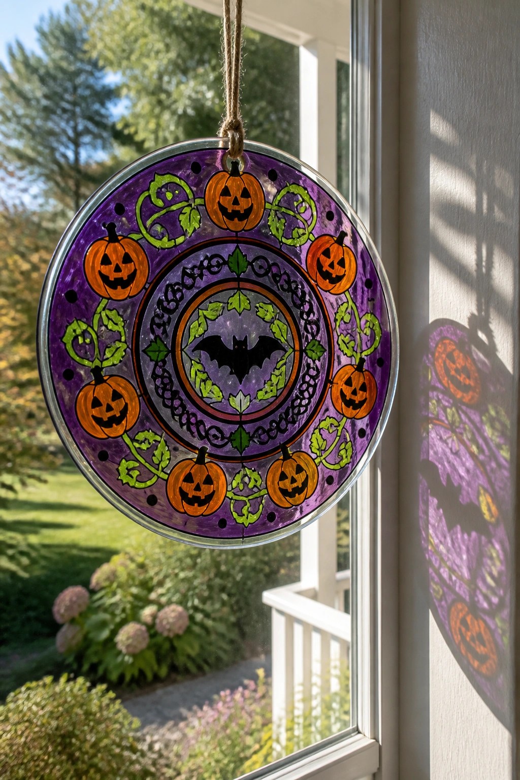 Hanging circular stained glass with orange pumpkins, black bat, and green vines on purple