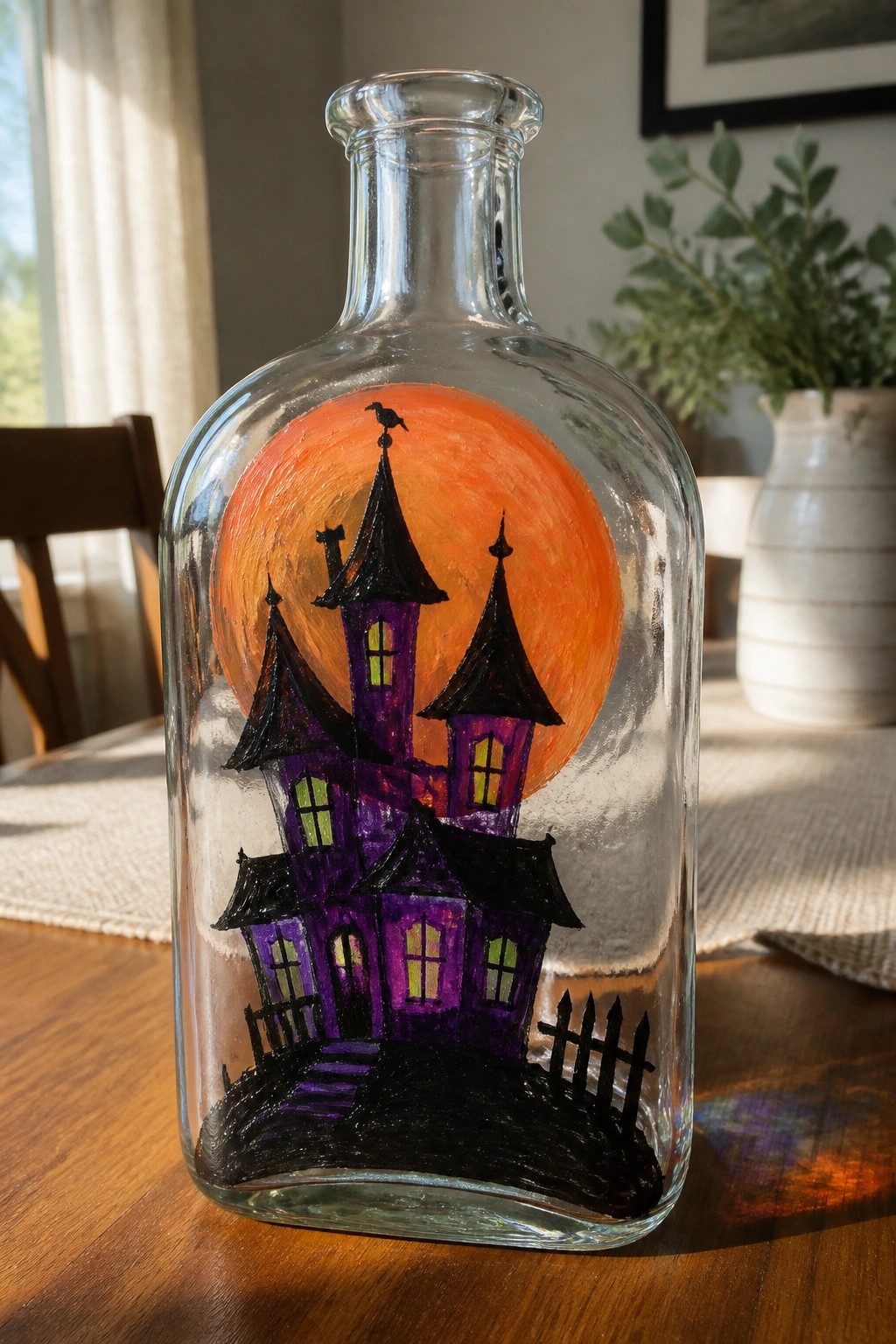 Clear glass bottle with painted purple haunted house, glowing windows, and orange moon.
