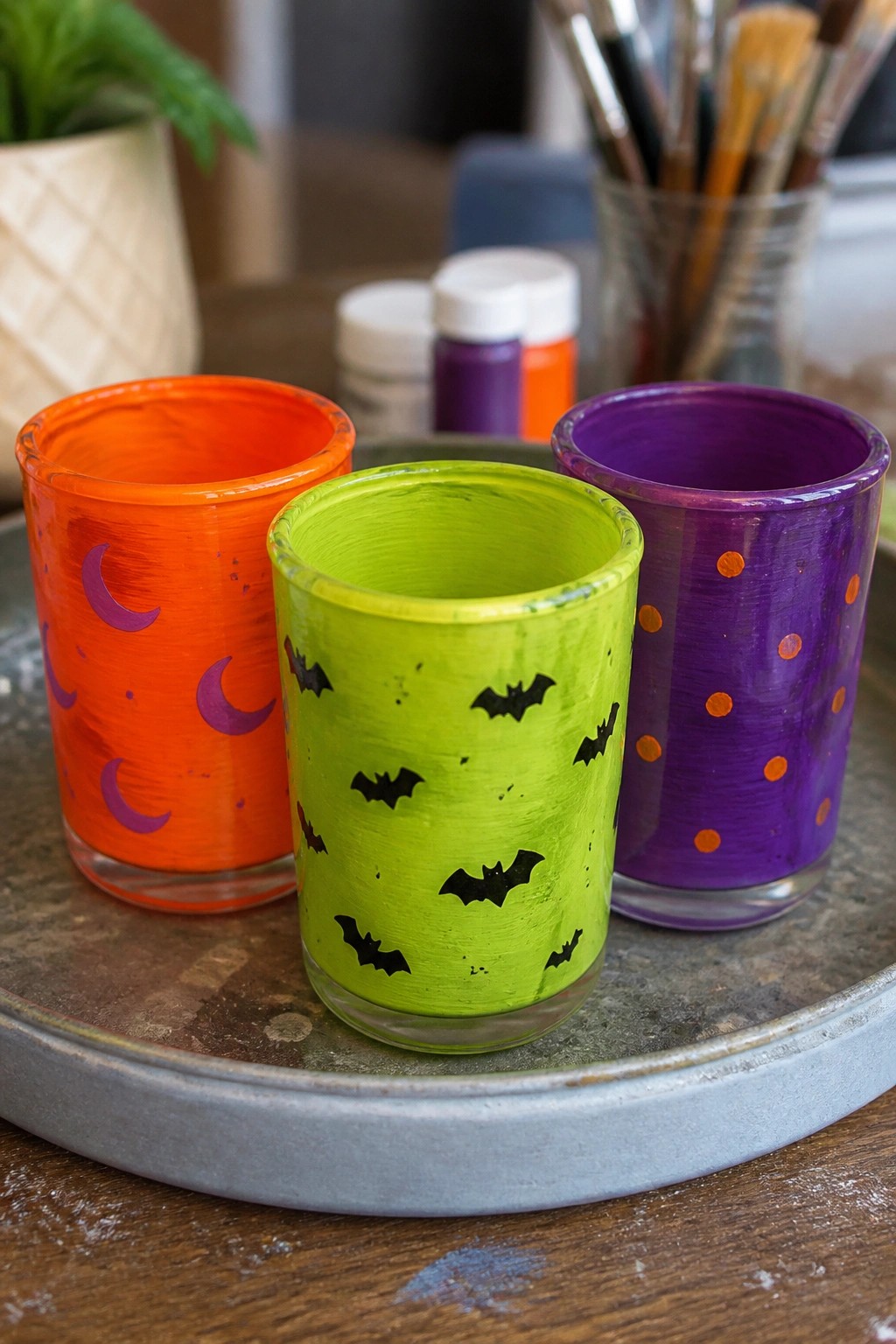 Three colorful painted jars with moons, bats, and dots on a gray tray.