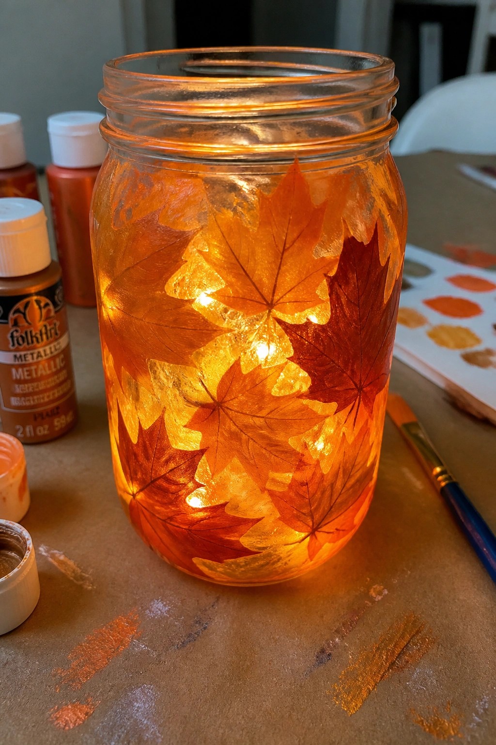 Glowing mason jar with metallic orange maple leaves amid paint bottles and brush