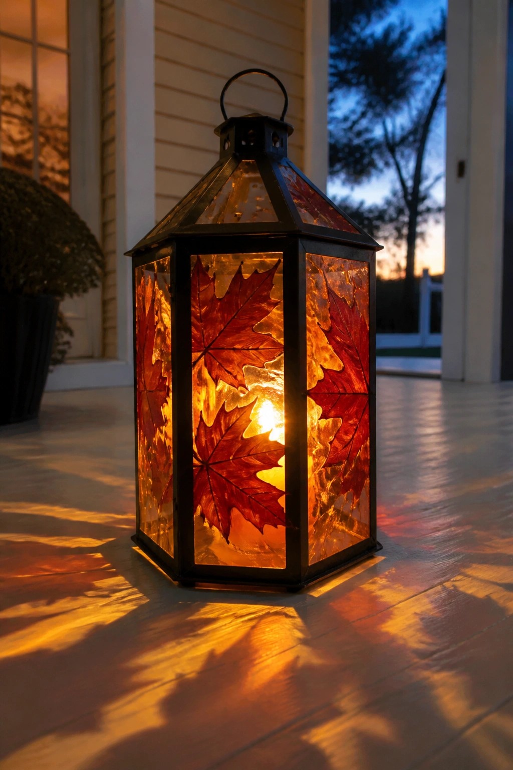 Glowing black lantern with red maple leaves casting shadows on wooden porch