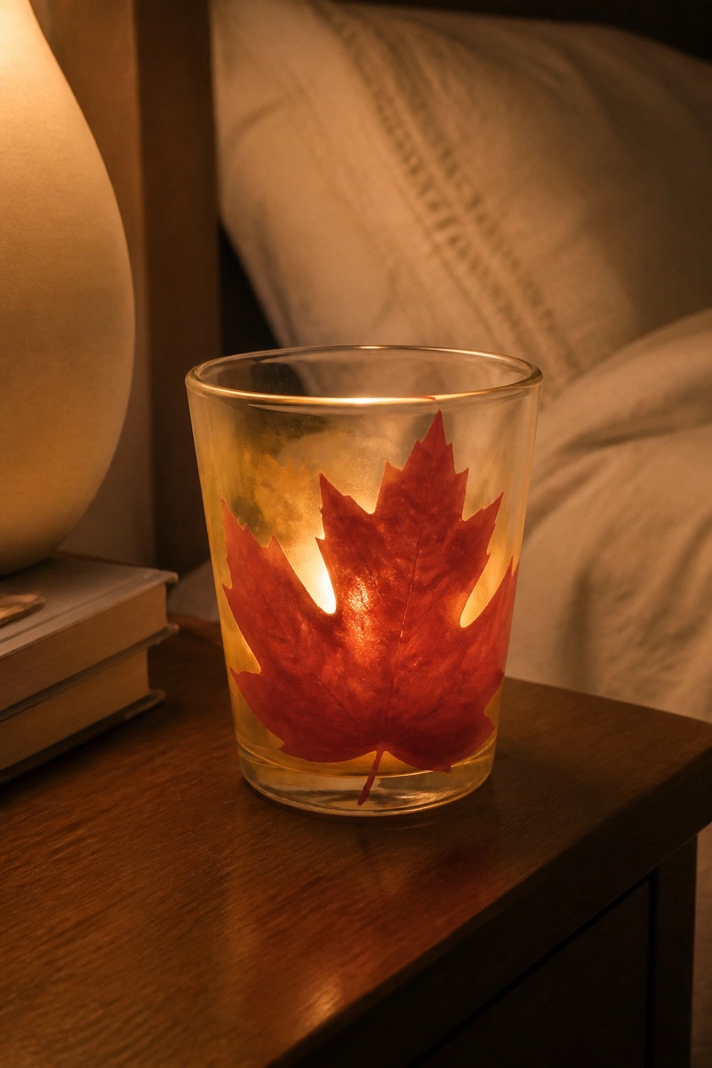 Red maple leaf glowing in glass votive on wooden nightstand near bed and lamp