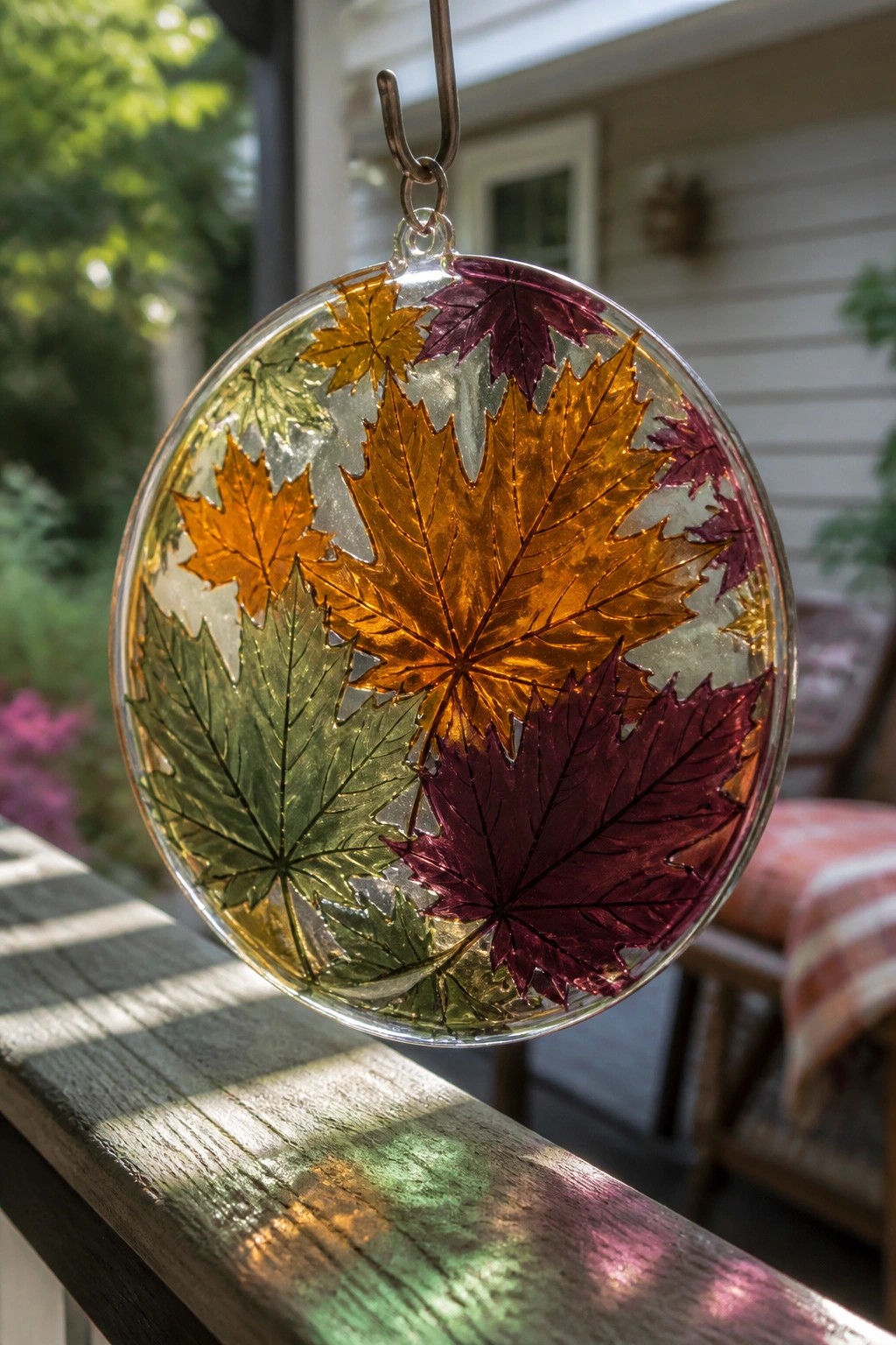 Round stained glass suncatcher with colorful autumn maple leaves hanging on porch rail.