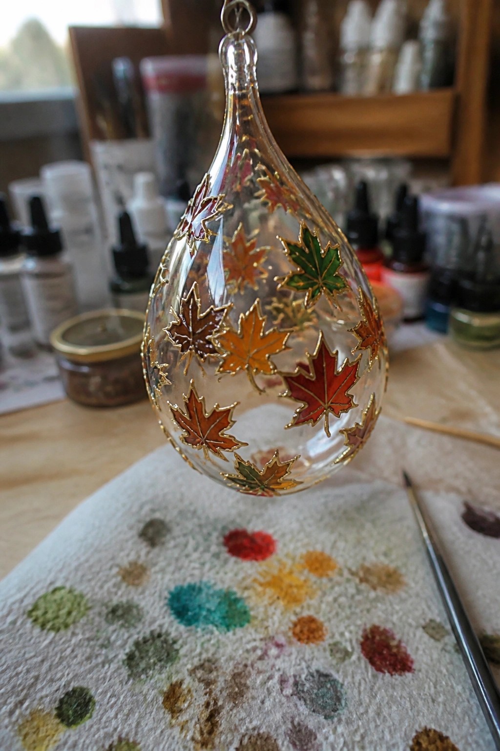 Glass teardrop ornament with colorful maple leaves above paint-dotted towel and brush