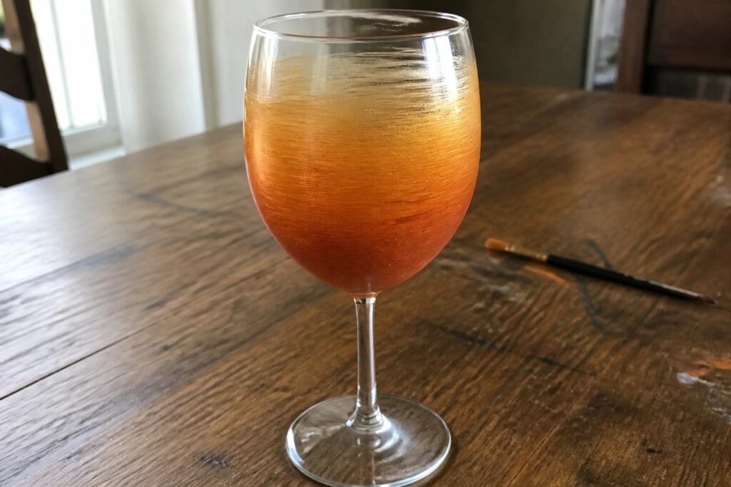 21 Creative Fall Painted Wine Glass DIY Designs in Burnt Orange and Ochre Wine glass painted orange to red with brushstrokes beside paintbrush on wooden table.
