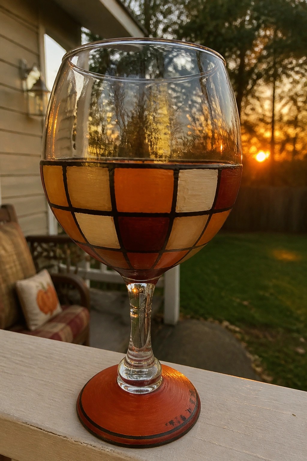 Decorative wine glass with orange checkered pattern on porch railing at sunset