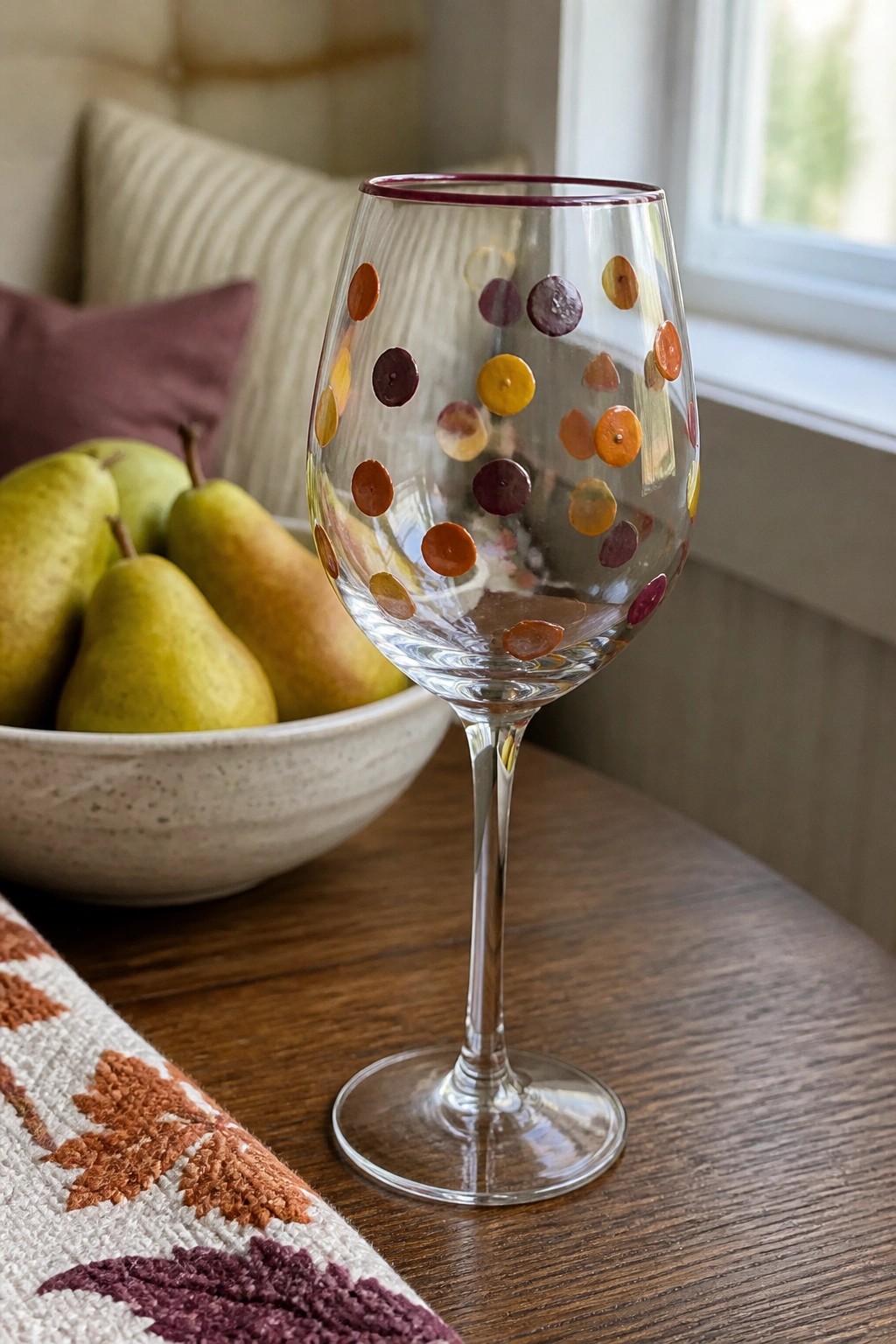 Wine glass with colorful polka dots on wooden table beside pears and cloth