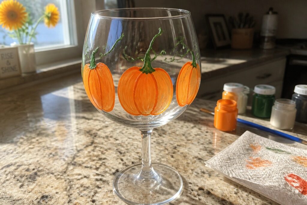 Wine glass painted with three orange pumpkins and green stems on kitchen counter.