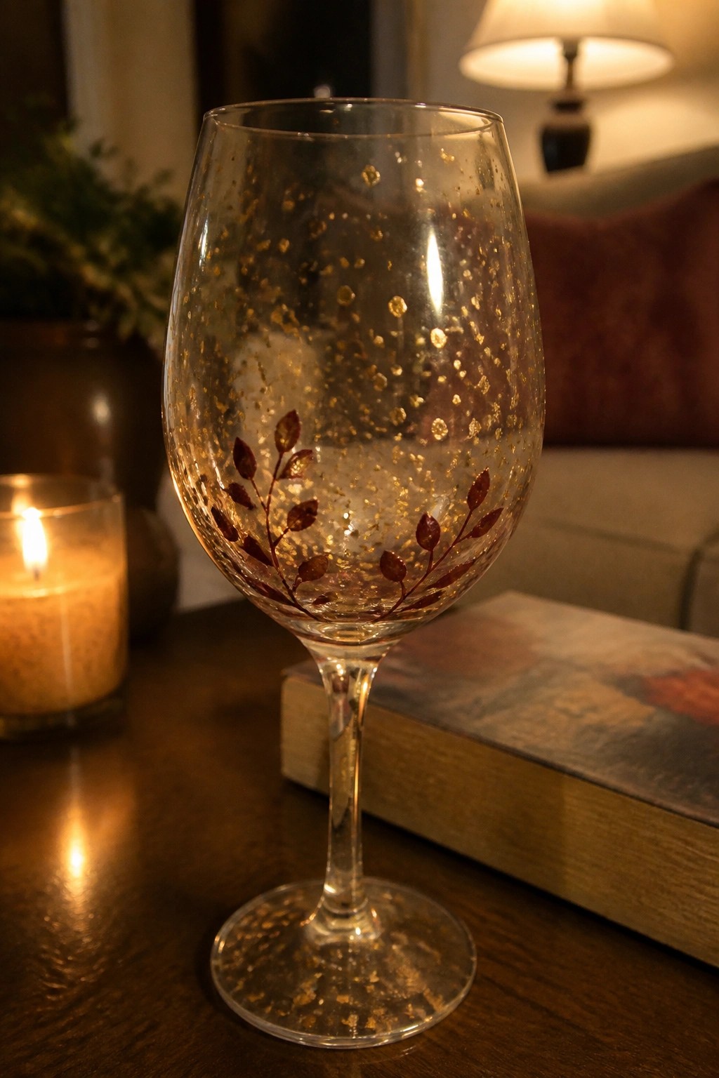 Gold-speckled wine glass with leaf design on table beside lit candle and book