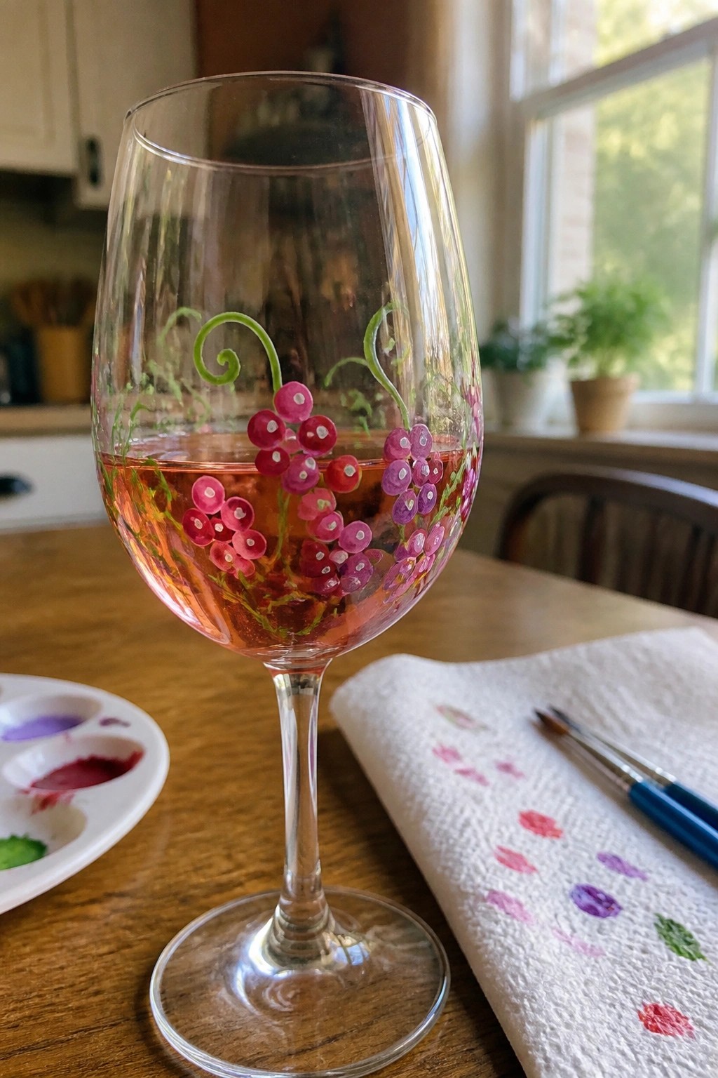 Painted wine glass with pink-purple grapes beside palette and brushes on table