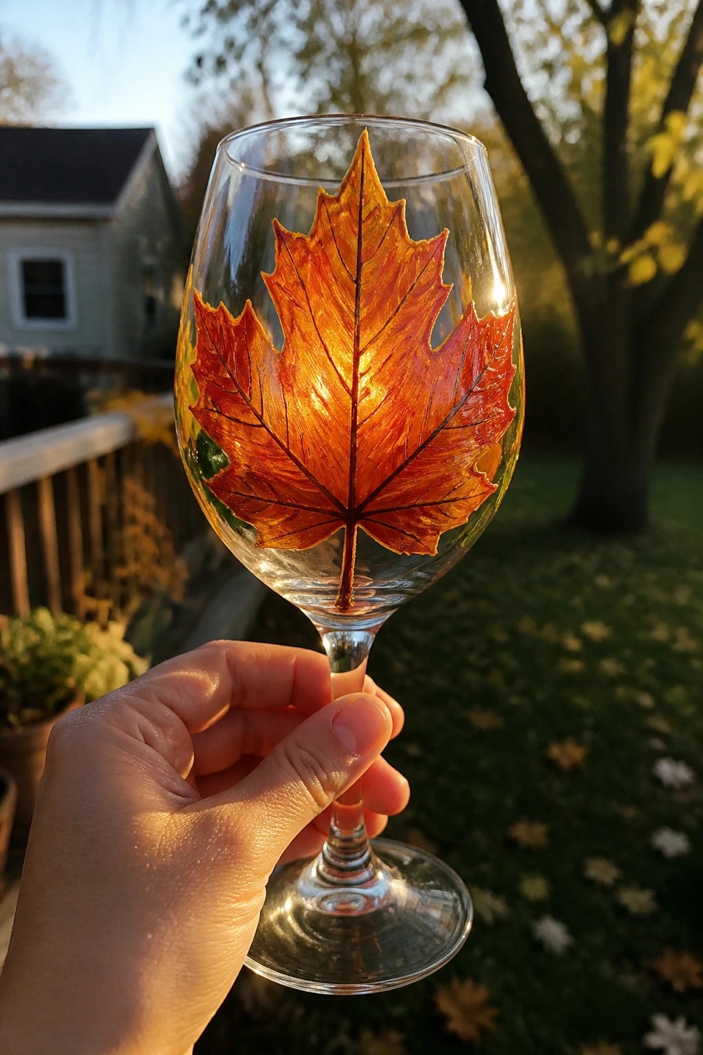 Hand holding wine glass with glowing orange maple leaf in sunny autumn yard