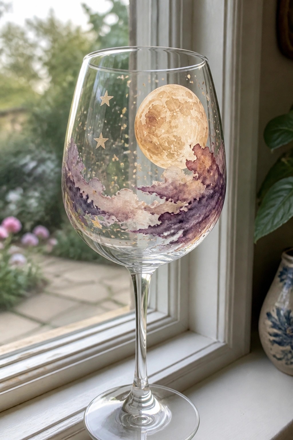 Wine glass with watercolor moon, gold stars, and purple clouds on windowsill