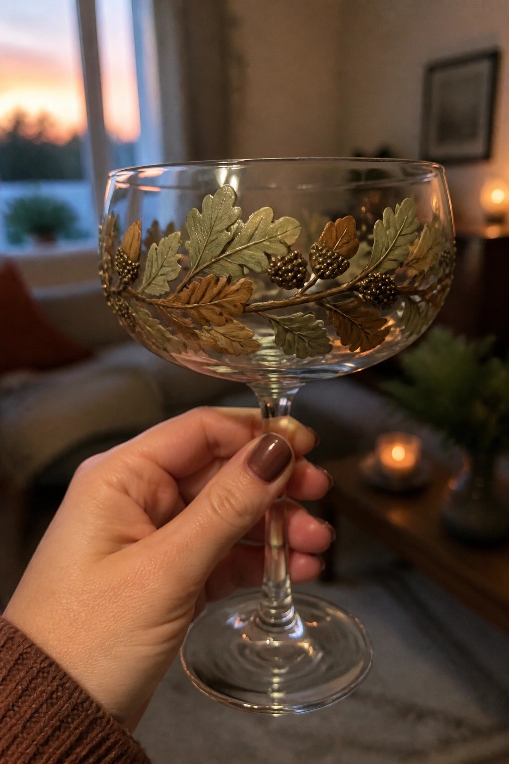 Hand with brown nails holding ornate coupe glass with golden oak leaves and acorns.