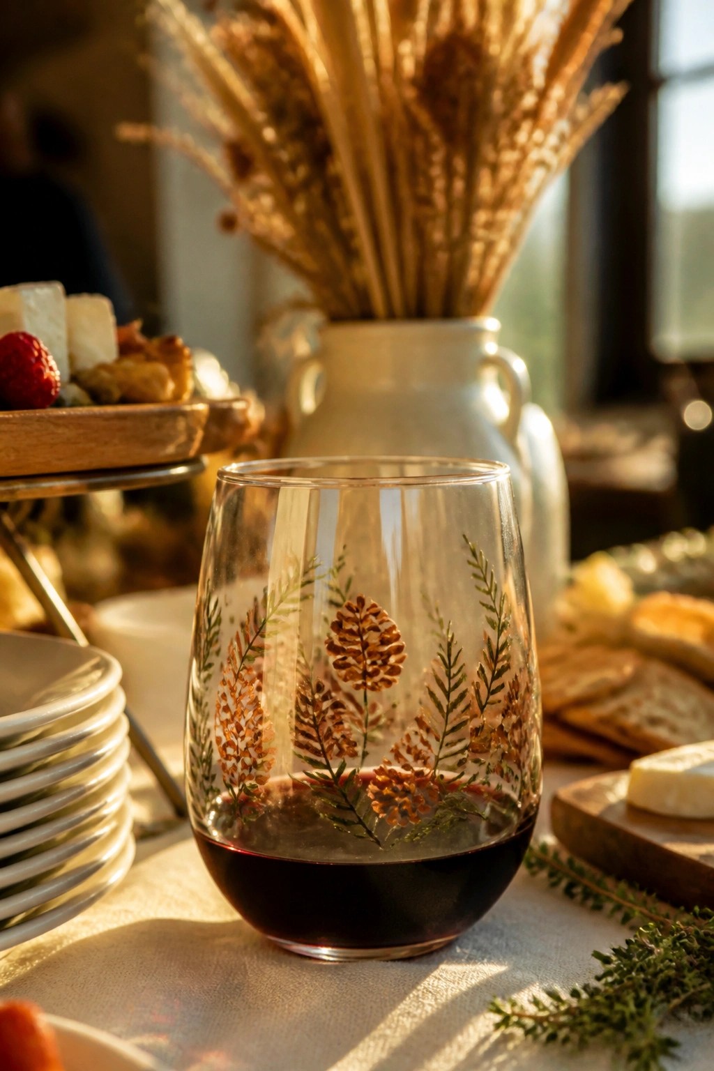 Stemless wine glass etched with pinecones and ferns, filled with red wine on table