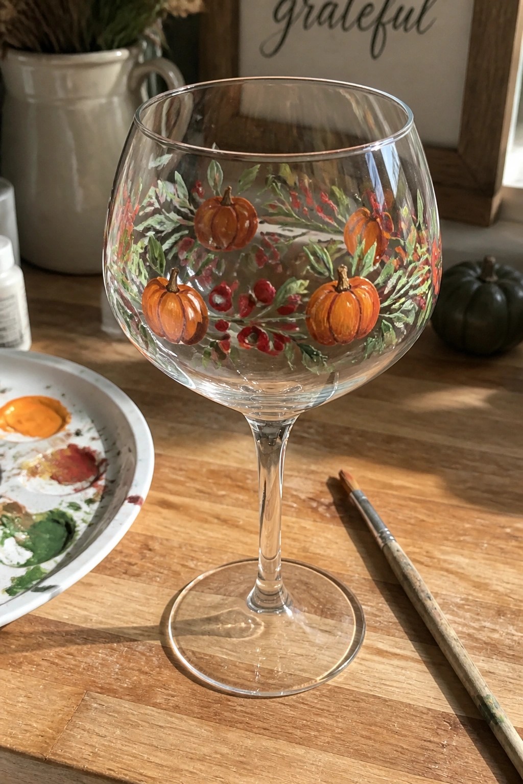 Painted wine glass with pumpkins, berries, and leaves beside palette and brush on wood.