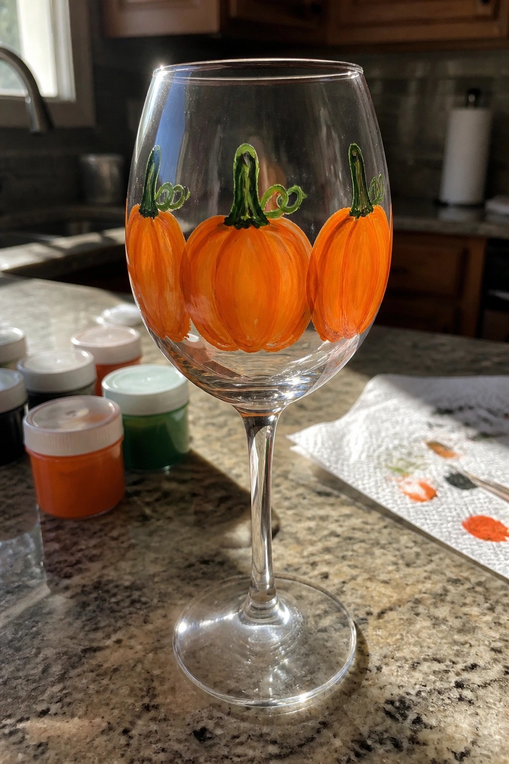 Wine glass painted with three orange pumpkins and green stems on kitchen counter.