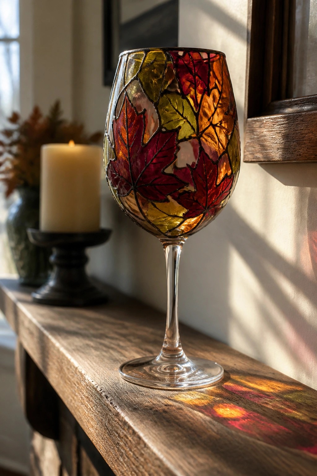 Stained-glass wine glass with autumn leaves on sunlit wooden windowsill beside candle