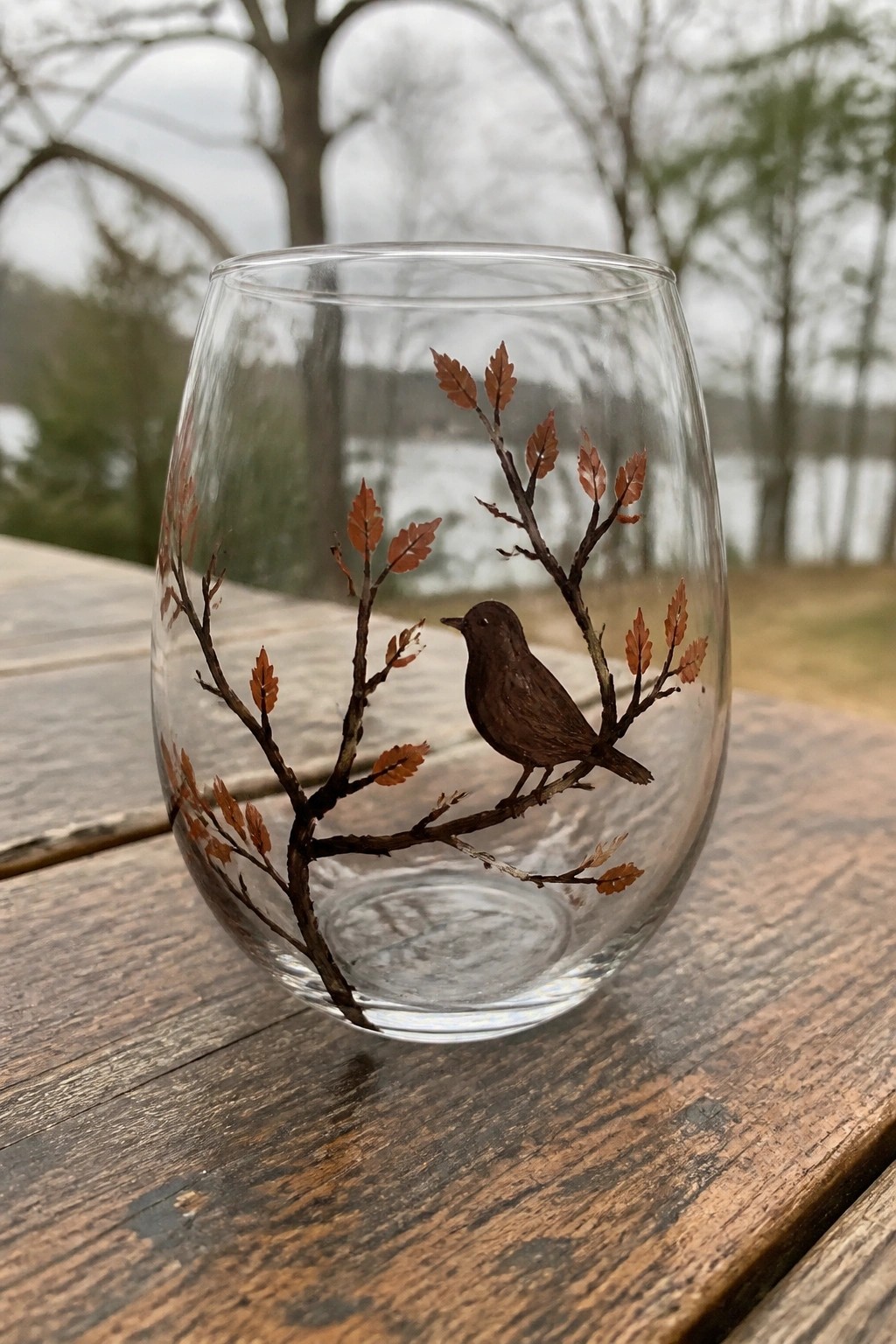 Clear glass with hand-painted brown bird on branch with autumn leaves on wood table